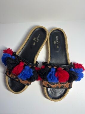ETRO Leopard Print Espadrille Sandal Slides with Pompom Tassels